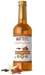 Matteo's Cinnamon Vanilla Syrup bottle on counter adds sugar-free flavor to beverages.