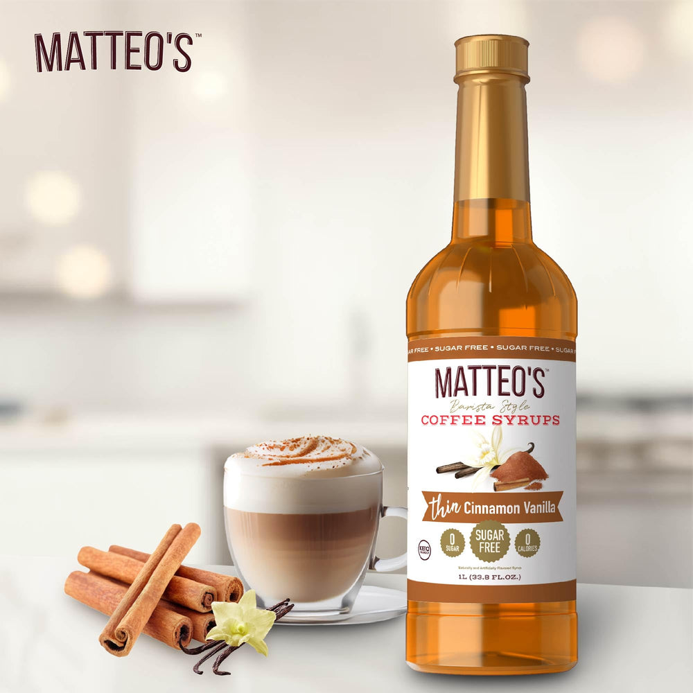 Kitchen counter setup showcasing Matteo's Syrup for versatile beverages.