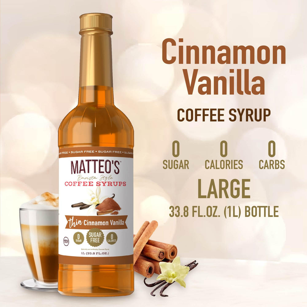 Latte glass with Matteo's Cinnamon Vanilla Syrup highlights aroma and zero calories.