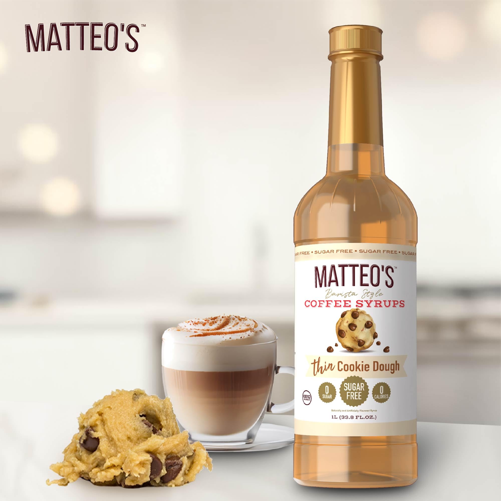 Bottle on a kitchen counter showcases Matteo's zero-sugar syrup