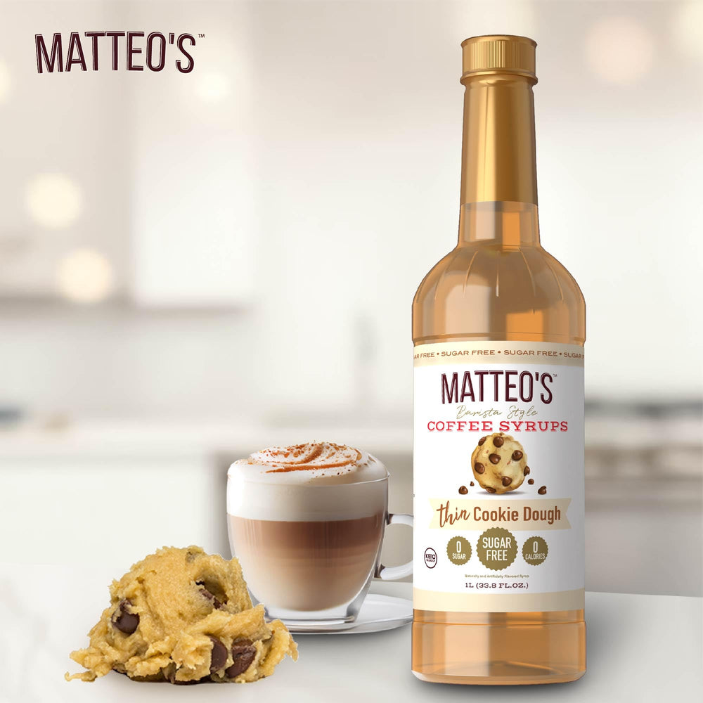 Bottle on a kitchen counter showcases Matteo's zero-sugar syrup