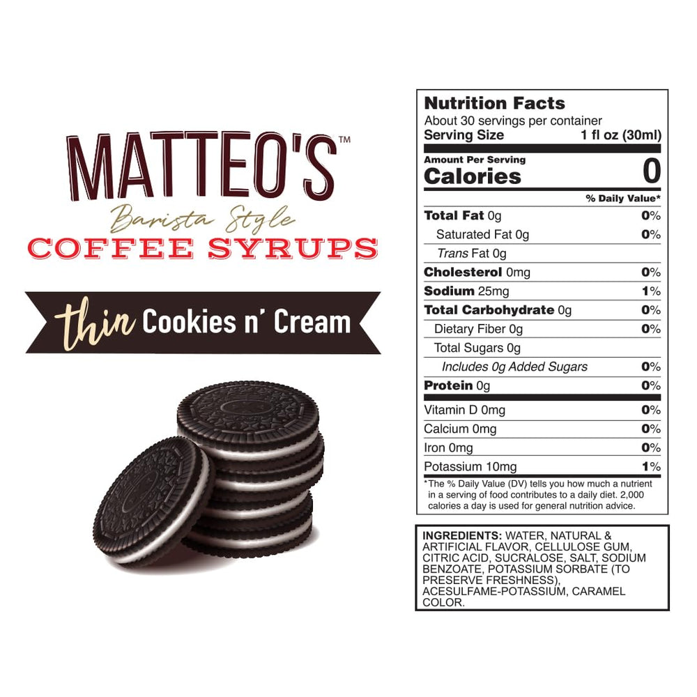 Pouring Matteo's Cookies and Cream Syrup into coffee for a creamy finish