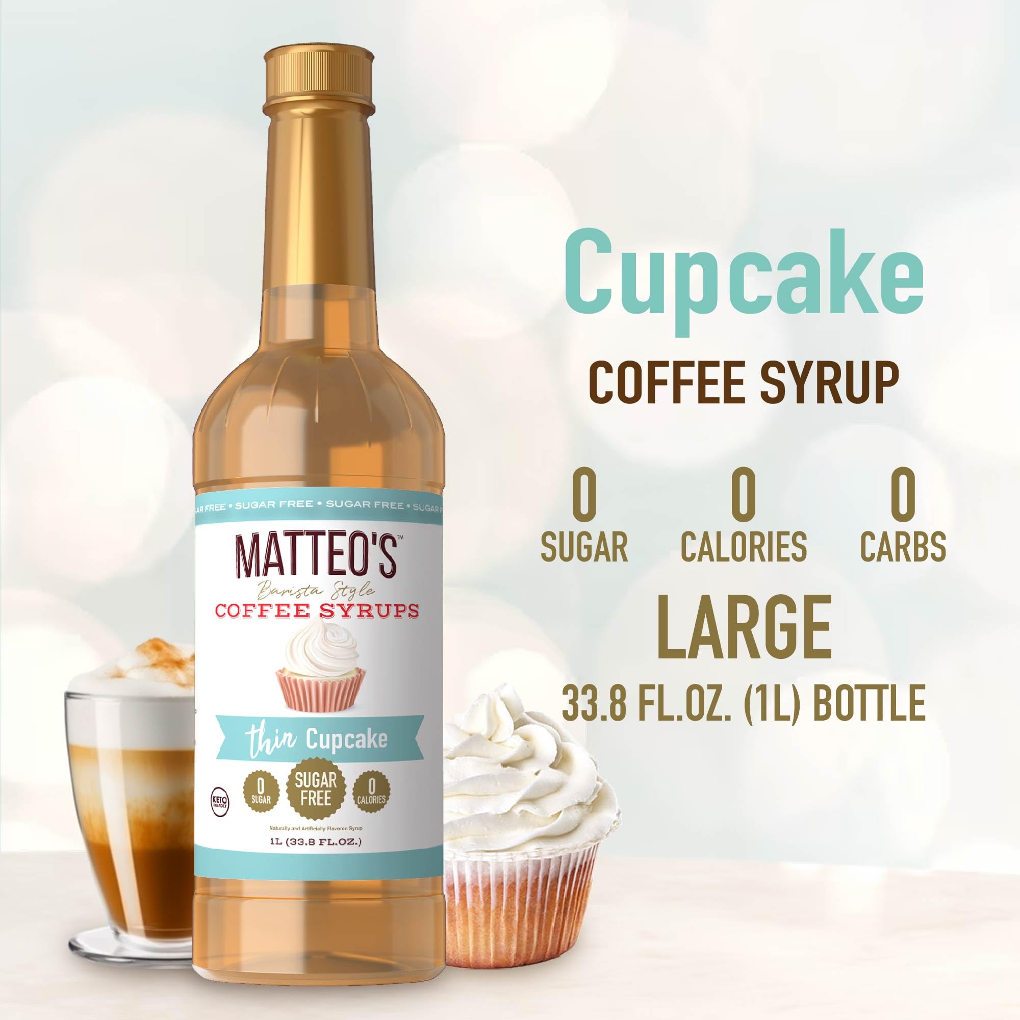 Matteo's Cupcake Syrup bottle closeup emphasizes keto-friendly, sugar-free indulgence for beverages.