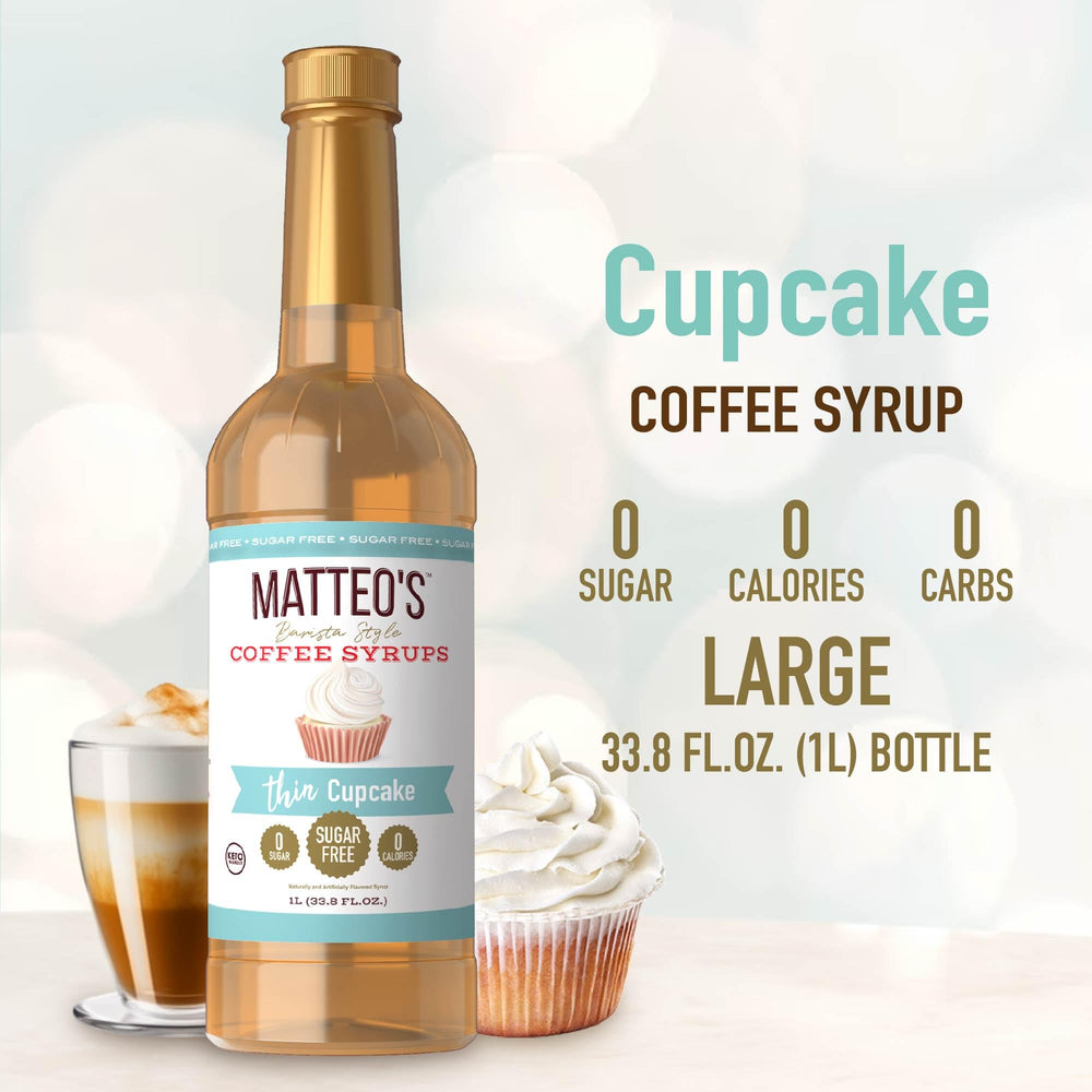 Matteo's Cupcake Syrup bottle closeup emphasizes keto-friendly, sugar-free indulgence for beverages.