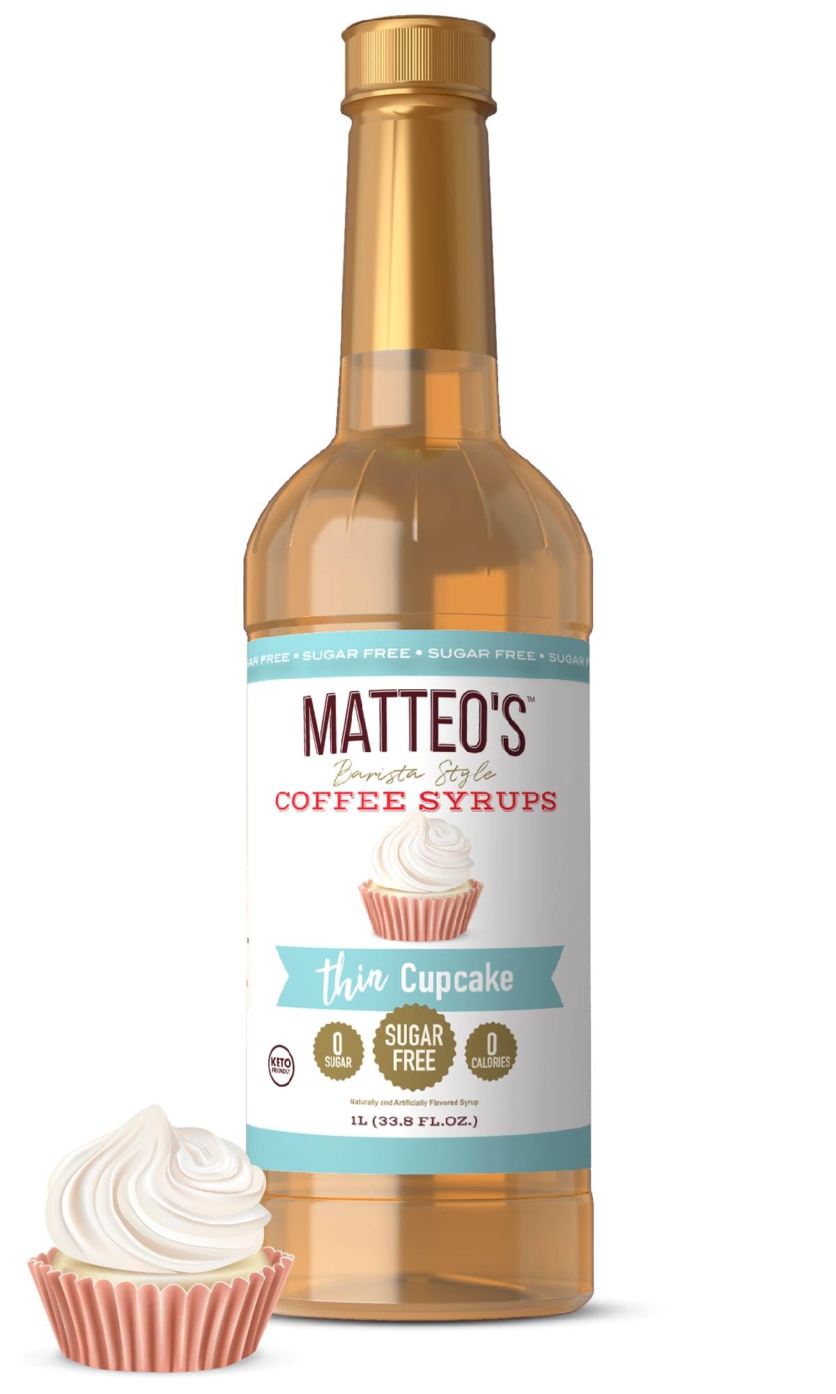 Matteo's Cupcake Syrup coffee pour shows zero-calorie sweetness for everyday drinks.