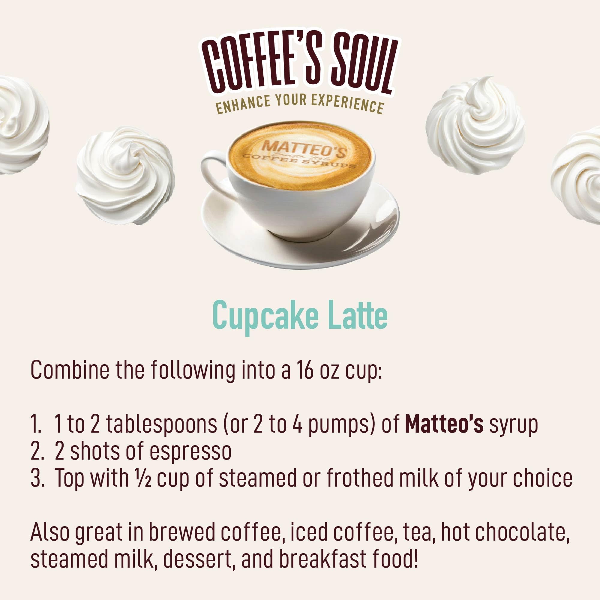 Matteo's Cupcake Syrup demonstrates zero calories for low-carb coffee and tea ideas.