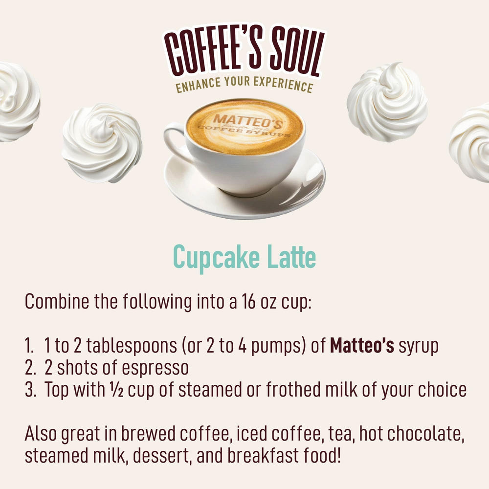 Matteo's Cupcake Syrup demonstrates zero calories for low-carb coffee and tea ideas.