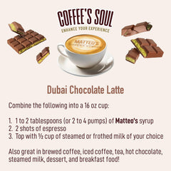 Matteo's Dubai Chocolate Syrup cappuccino art topping with aroma.