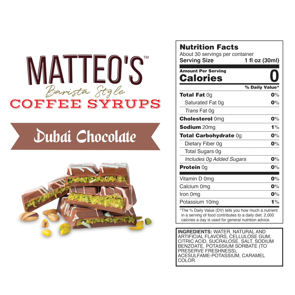 Matteo's Dubai Chocolate Syrup enhances coffee flavor in a cup.