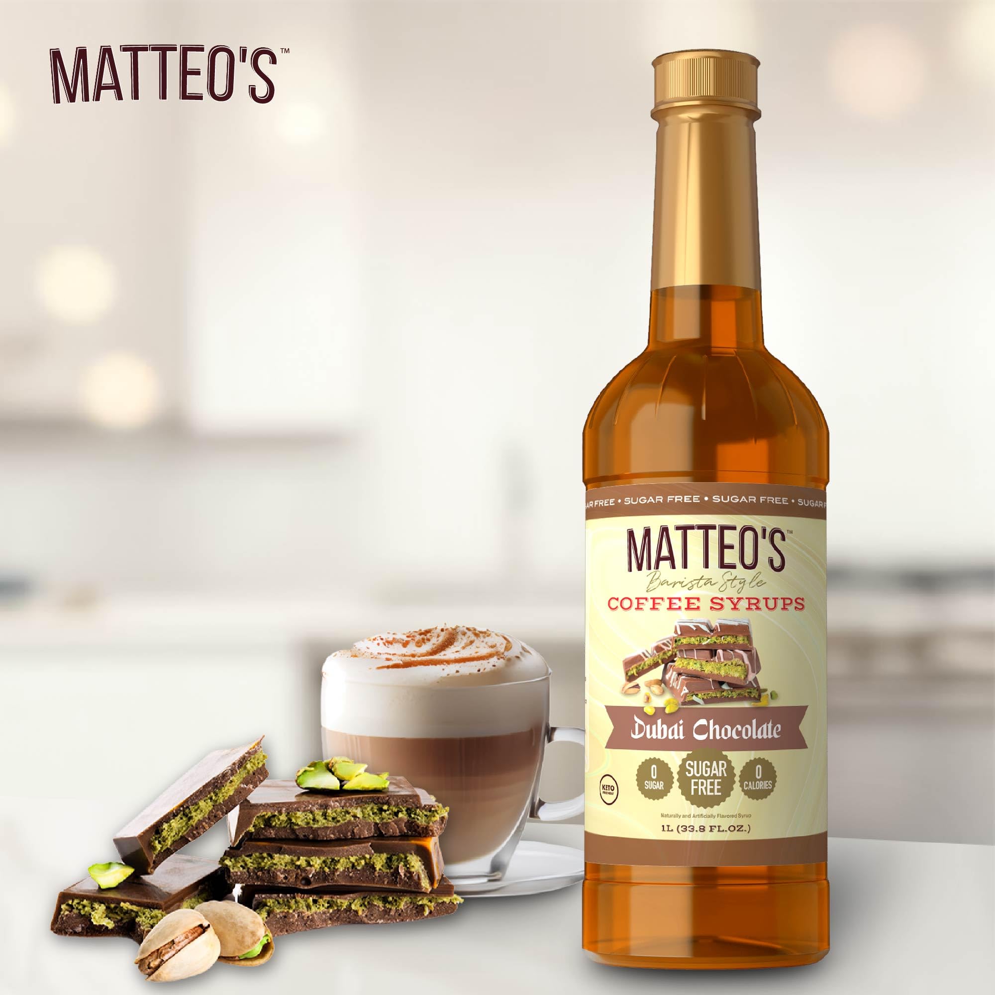 Matteo's Dubai Chocolate Syrup dessert glaze over cake or ice cream.