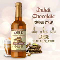 Matteo's Dubai Chocolate Syrup latte in glass with silky notes.