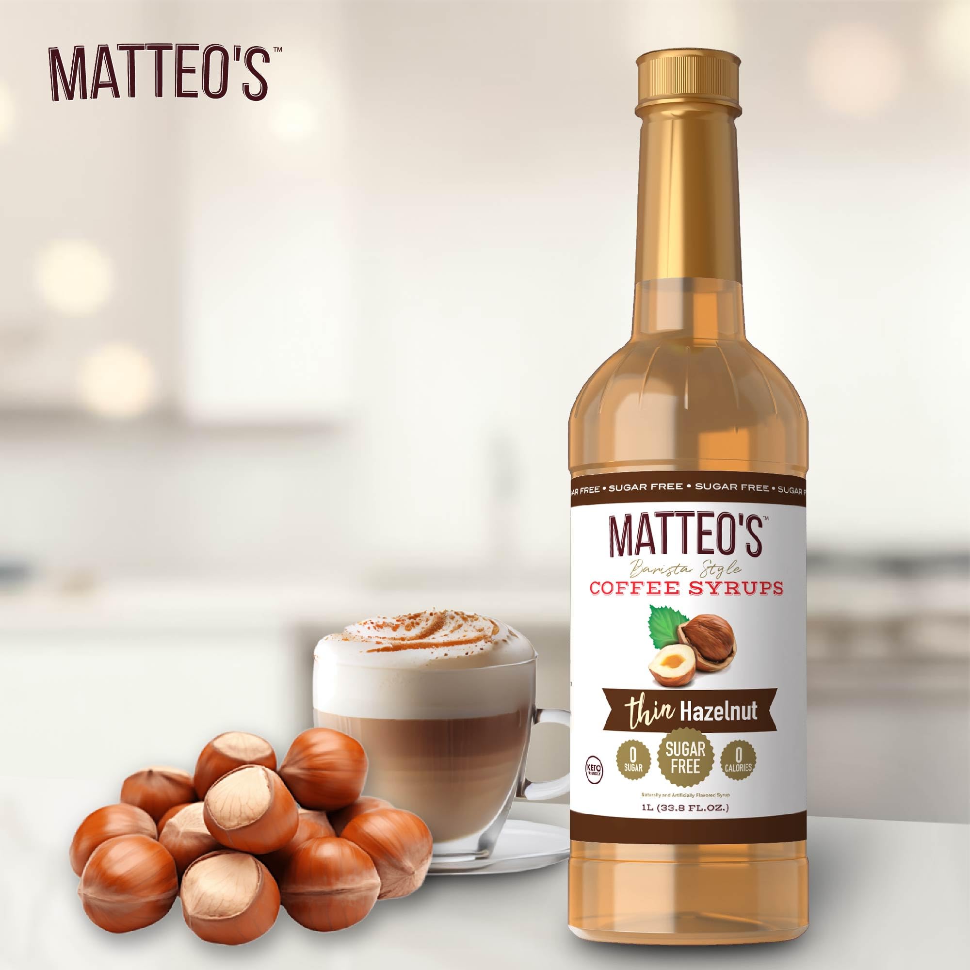 Kitchen scene with Matteo's Hazelnut Syrup displayed for beverages
