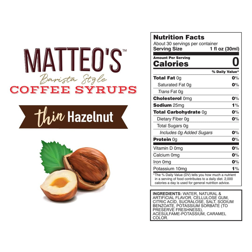 Pour Matteo's Hazelnut Syrup into a cup for nutty sweetness