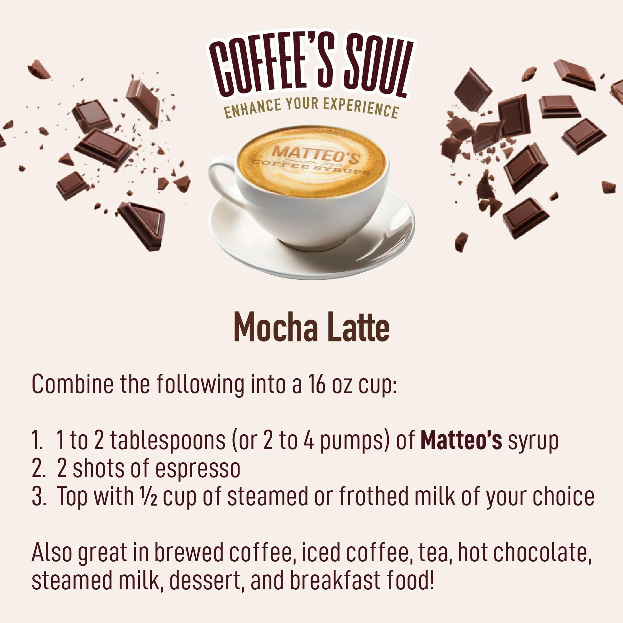 Matteo's Mocha Syrup over dessert for enhanced mocha flavor.
