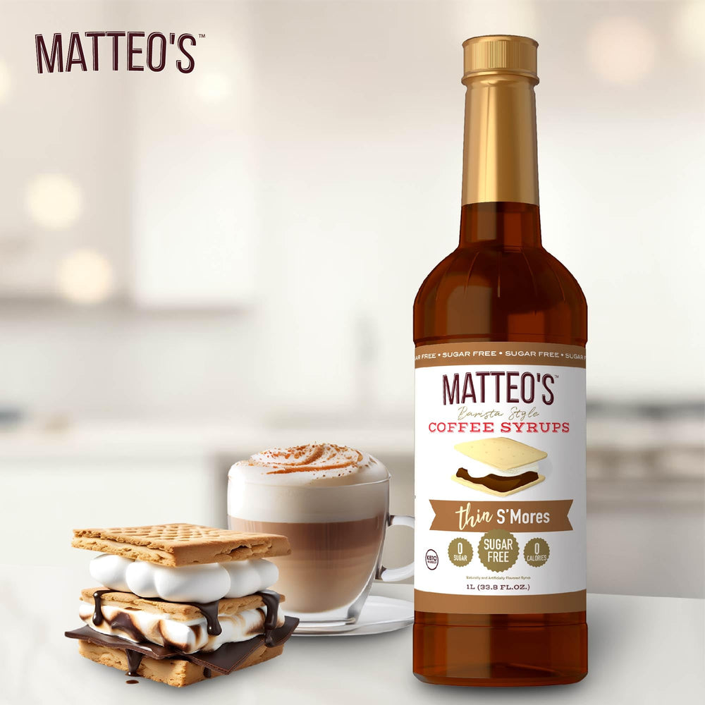 Matteo's S'mores Syrup bottle showcasing zero calories for beverages