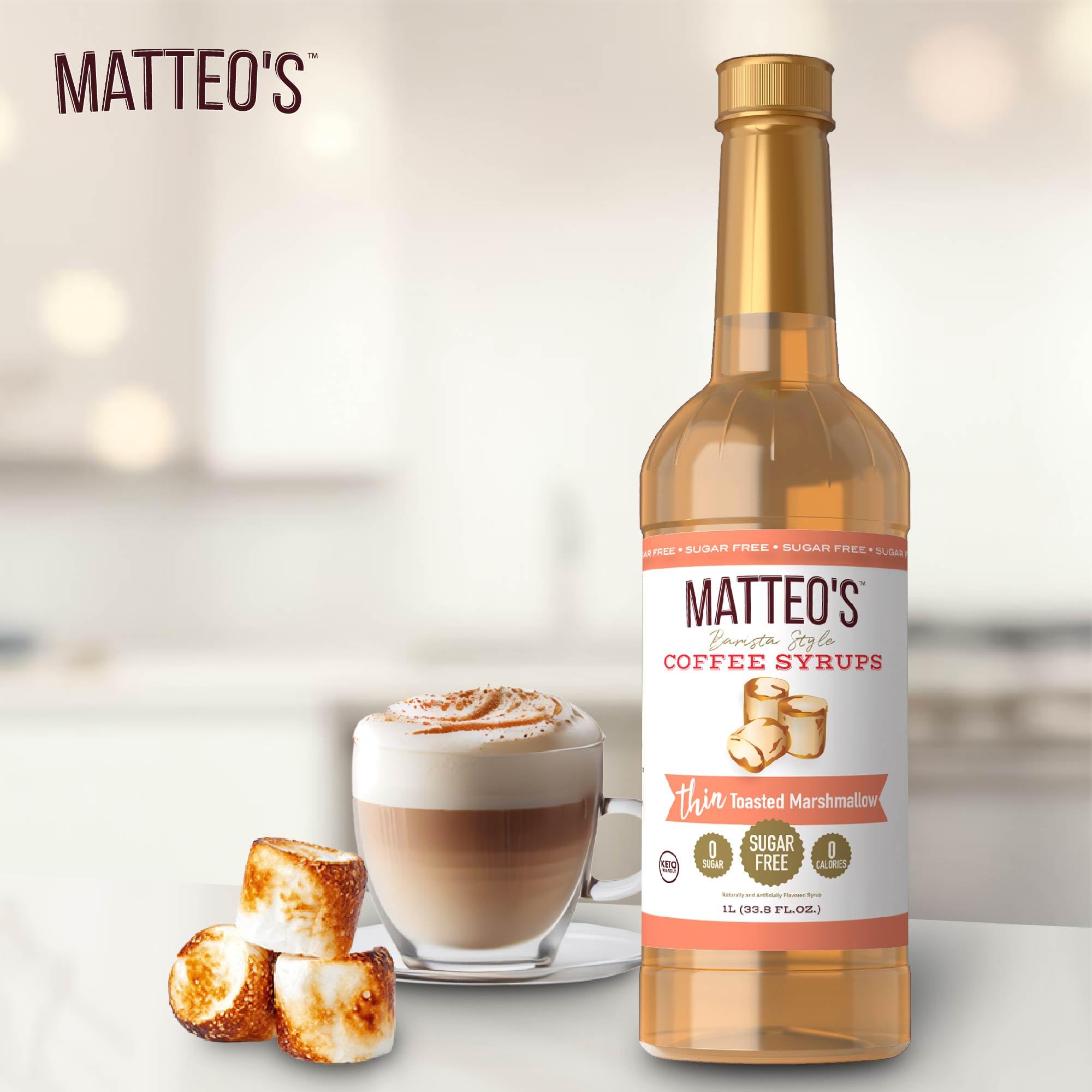 Top view of Matteo's Toasted Marshmallow syrup bottle for keto-friendly beverages.