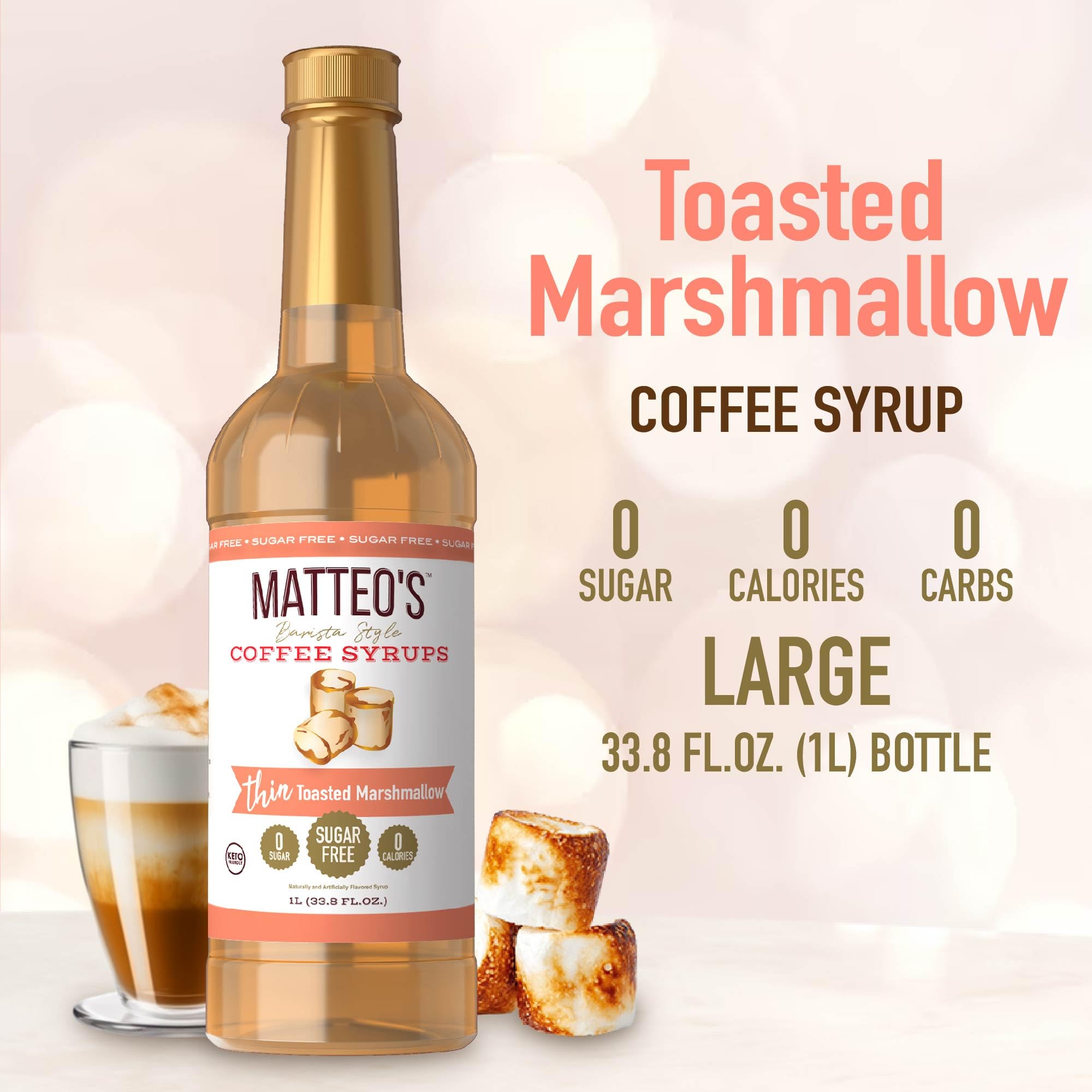 Latte art with Matteo's Toasted Marshmallow syrup enhances beverages.