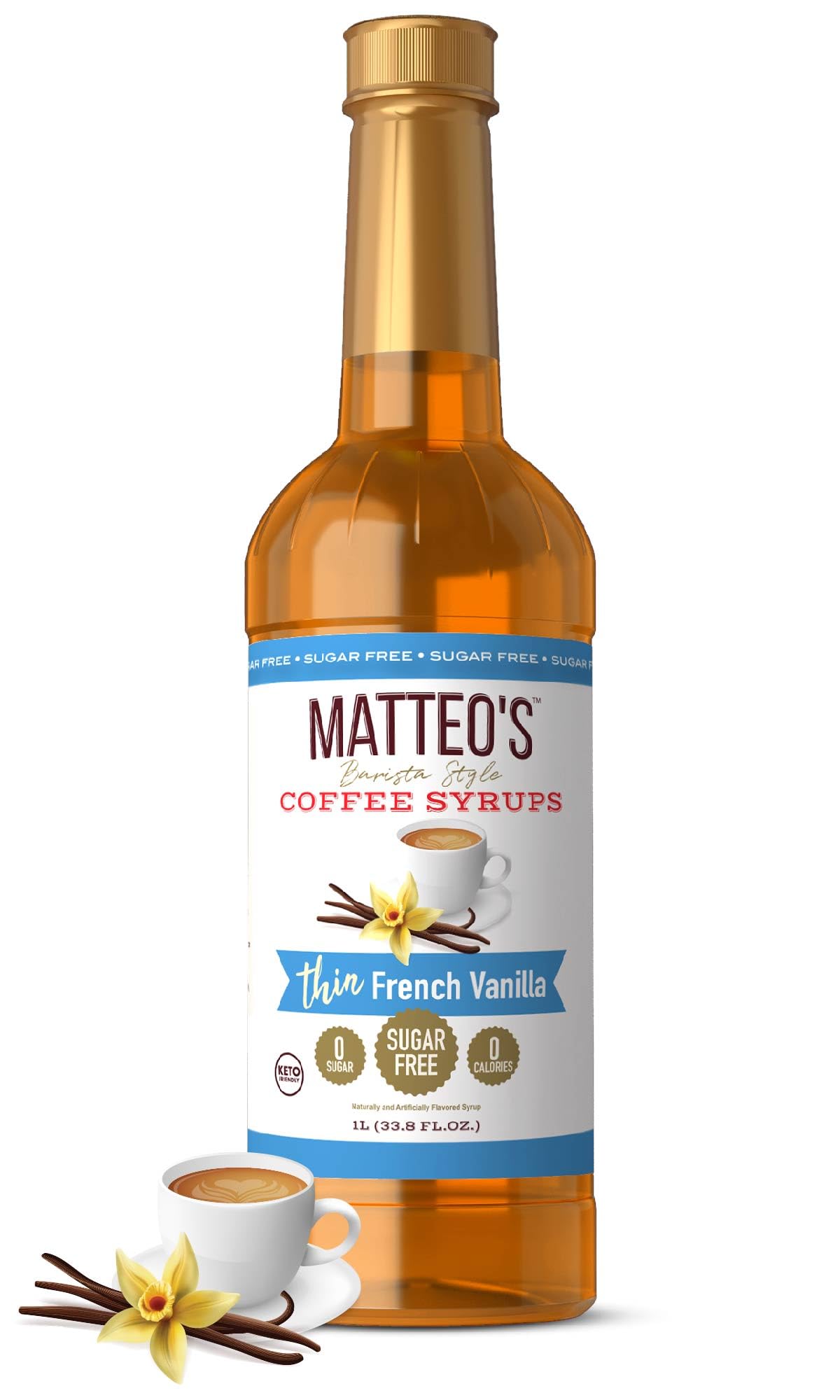 Matteo's vanilla syrup bottle pour highlights zero-calorie sweetness for coffee and desserts