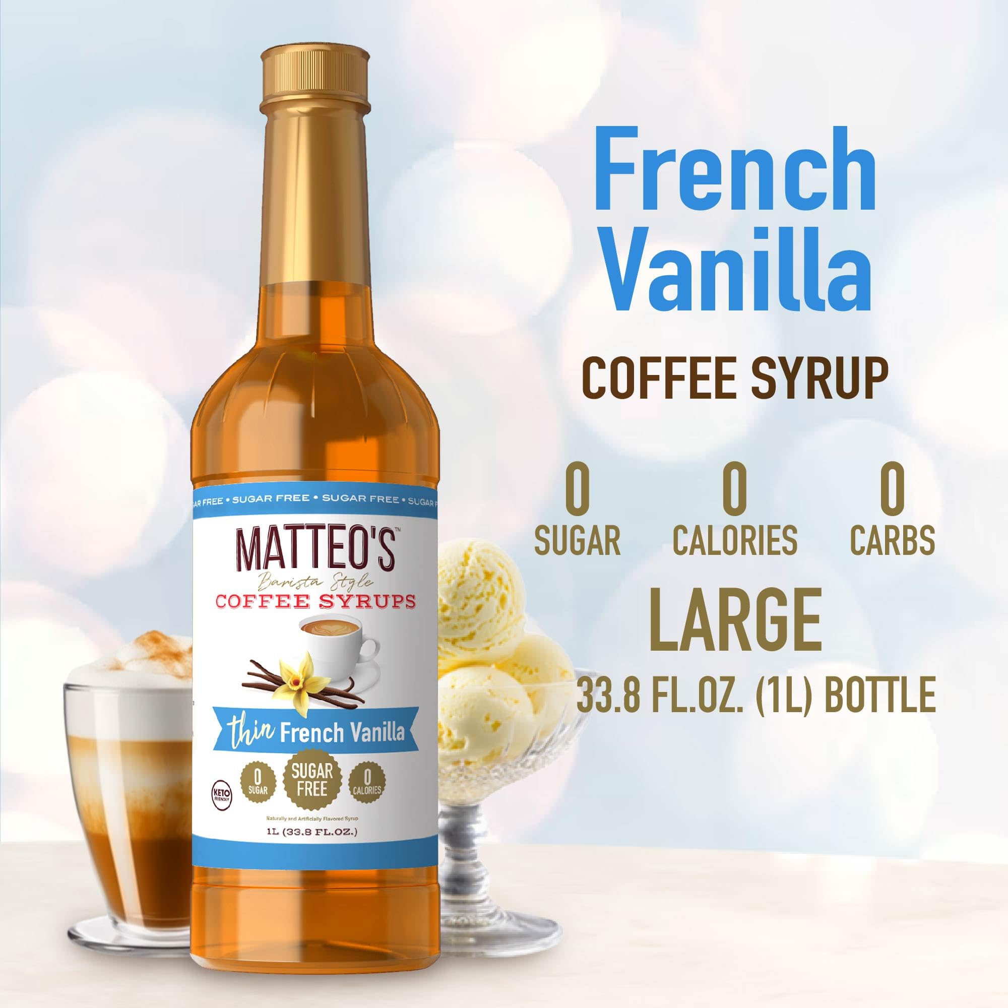 Matteo's vanilla syrup coffee-cup close-up demonstrates premium sugar-free convenience