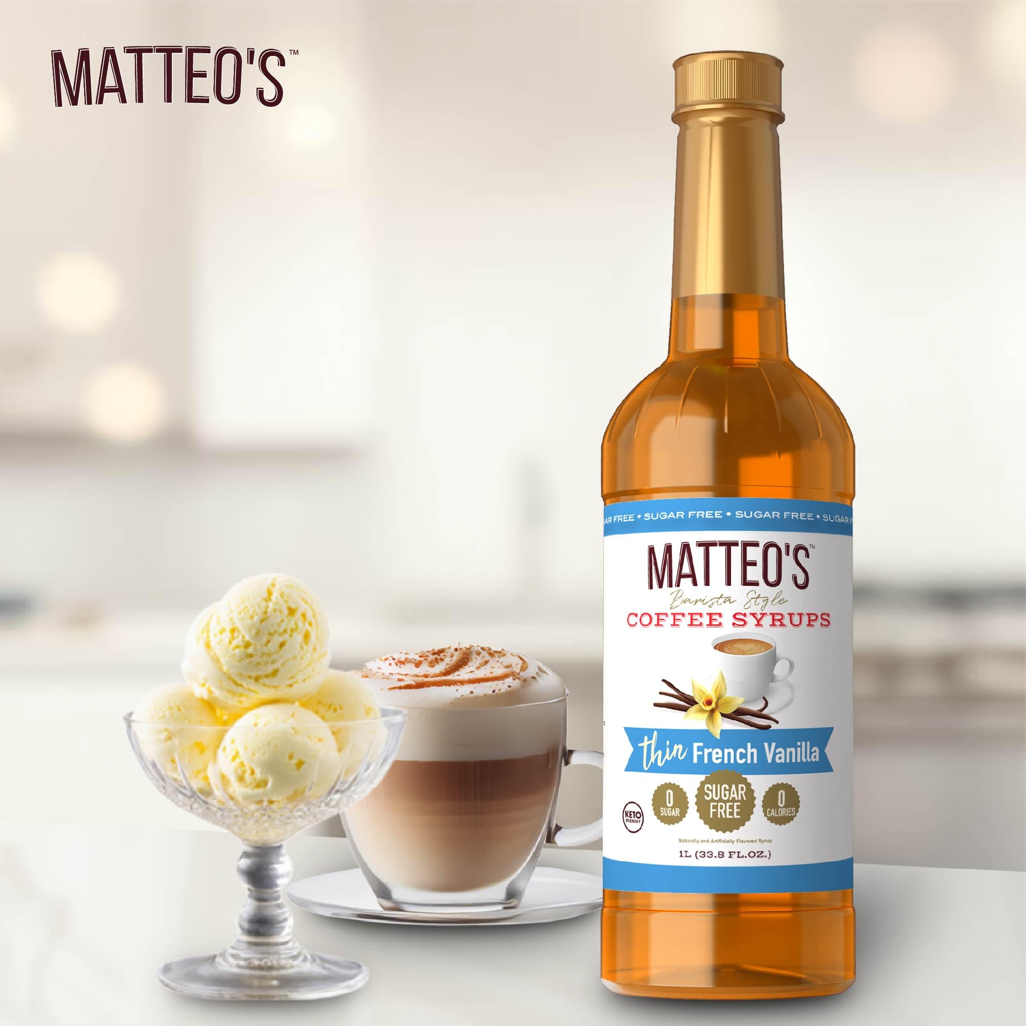Matteo's vanilla syrup kitchen setup shows convenient sugar-free flavor enhancement