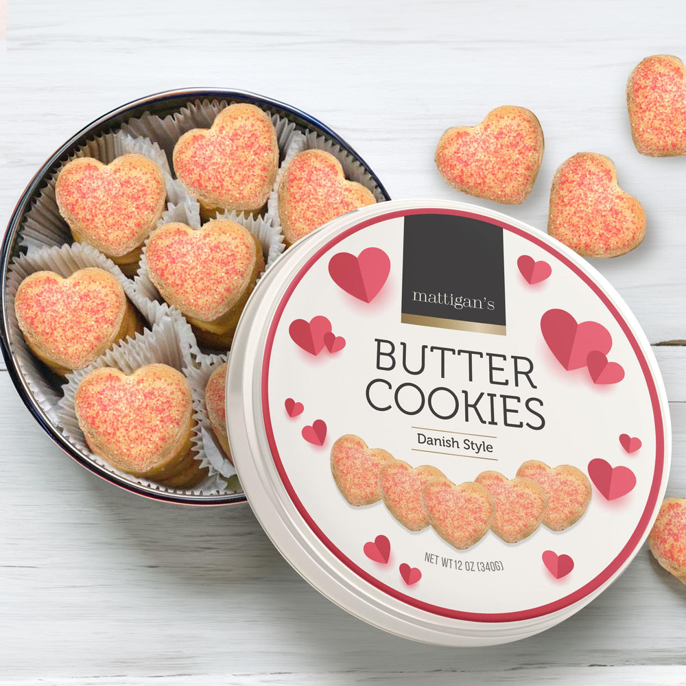 Mattigan's Pink Heart cookies in a gift-ready tin, ideal for holidays and special occasions.