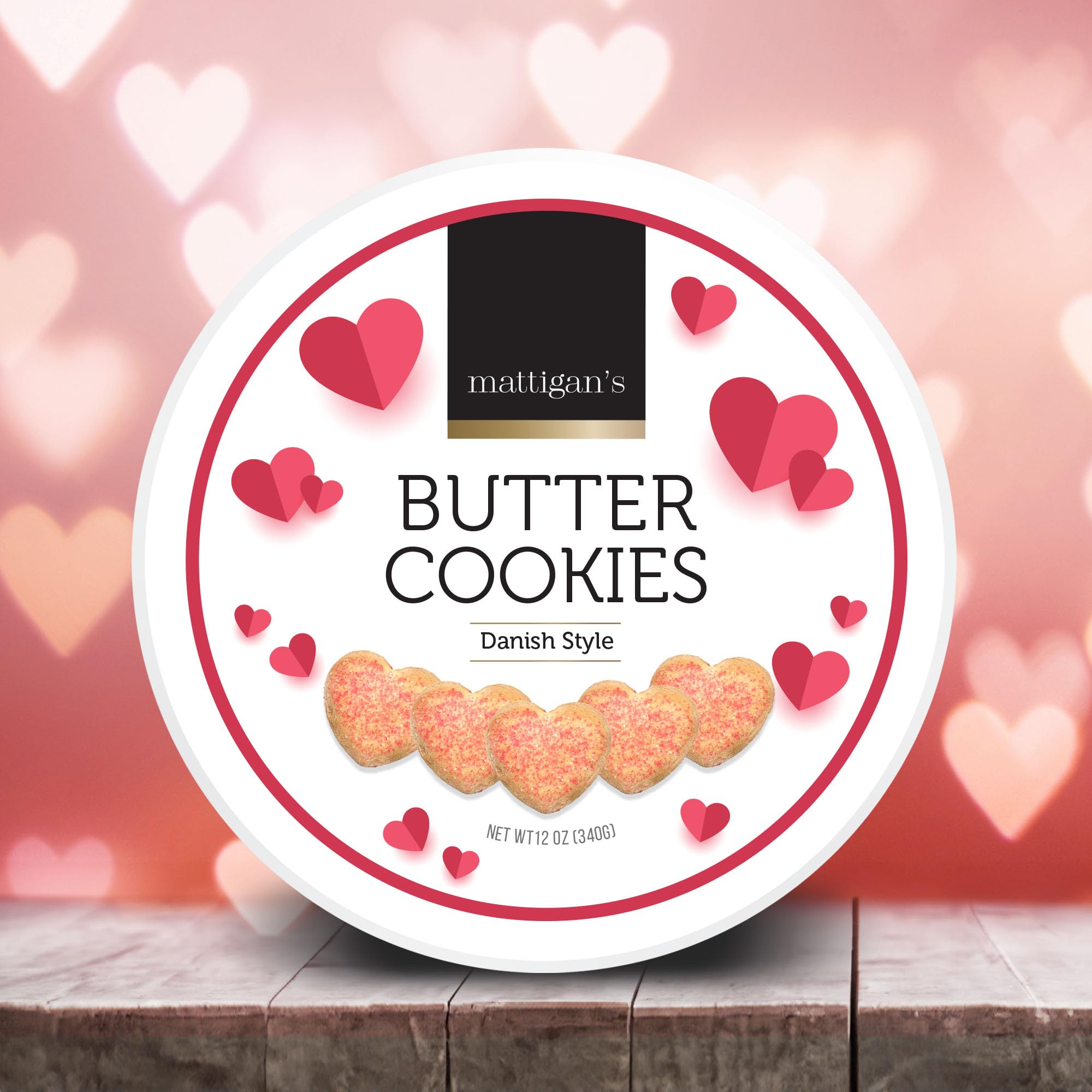 Mattigan's Pink Heart cookies in a silver tin, ready for gifting to friends and family.