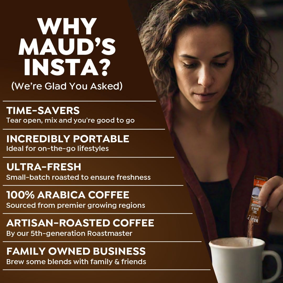 Maud's 100% Arabica beans pack emphasizes quality in every instant brew.