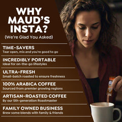 Maud's 100% Arabica beans pack emphasizes quality in every instant brew.