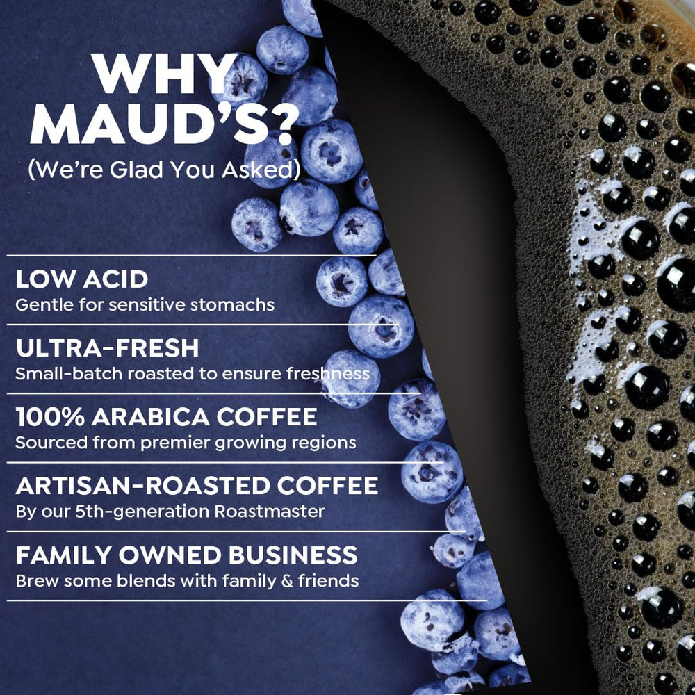 Maud's 100% Arabica beans close-up signaling smooth, balanced flavor.