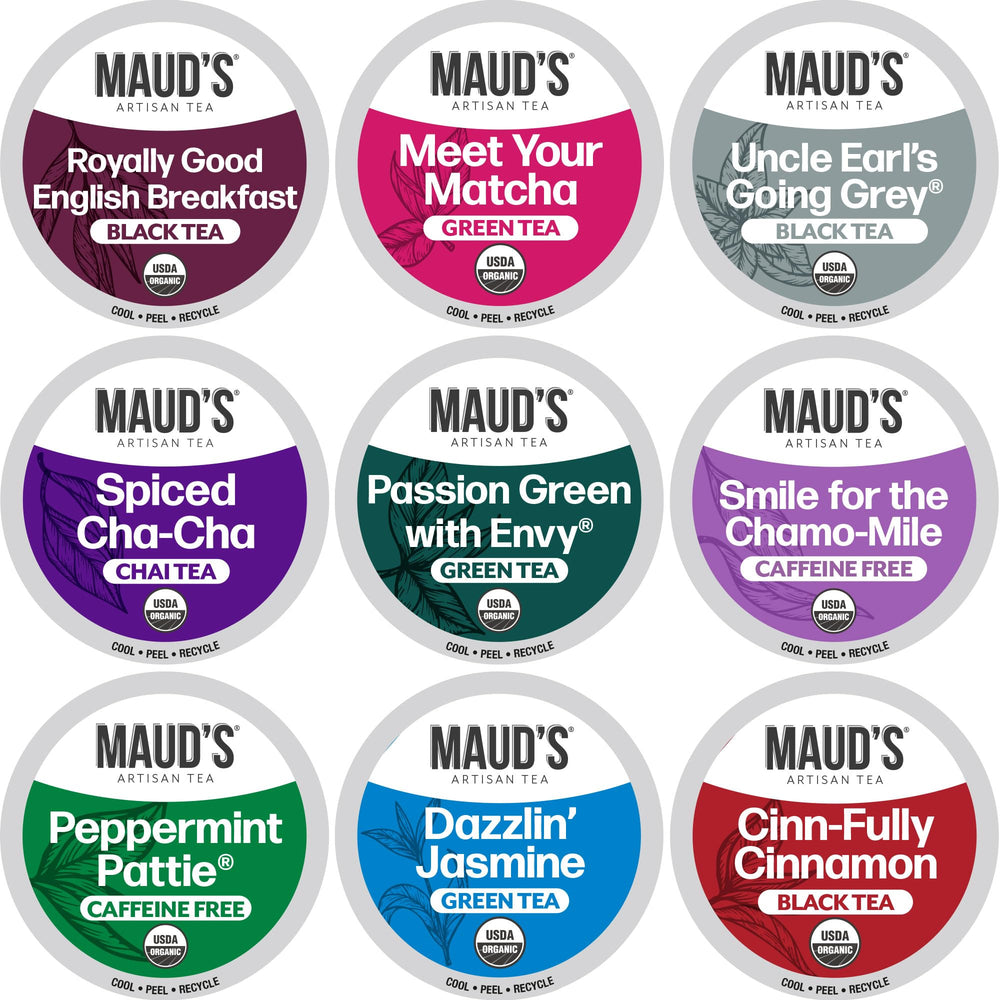 Maud's 9 Blend Tea Pods variety pack for convenient single-serve brewing