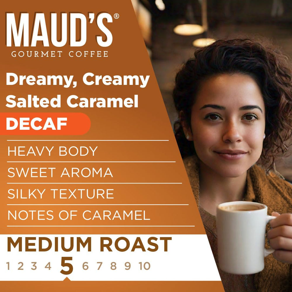 100% Arabica beans badge on Maud's decaf flavored coffee packaging