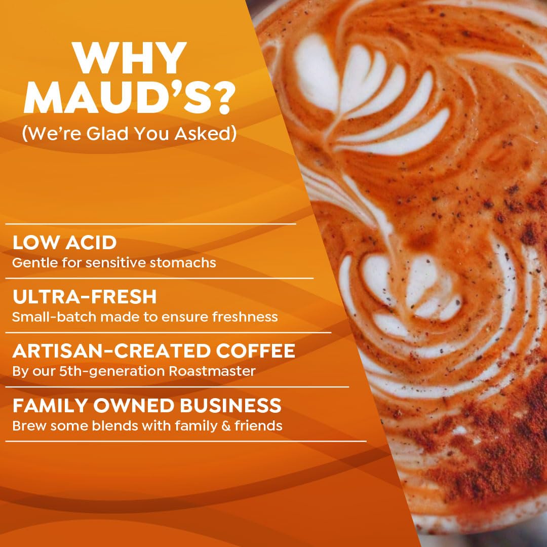 Box of Maud's beans highlighting sustainable sourcing and 100% Arabica