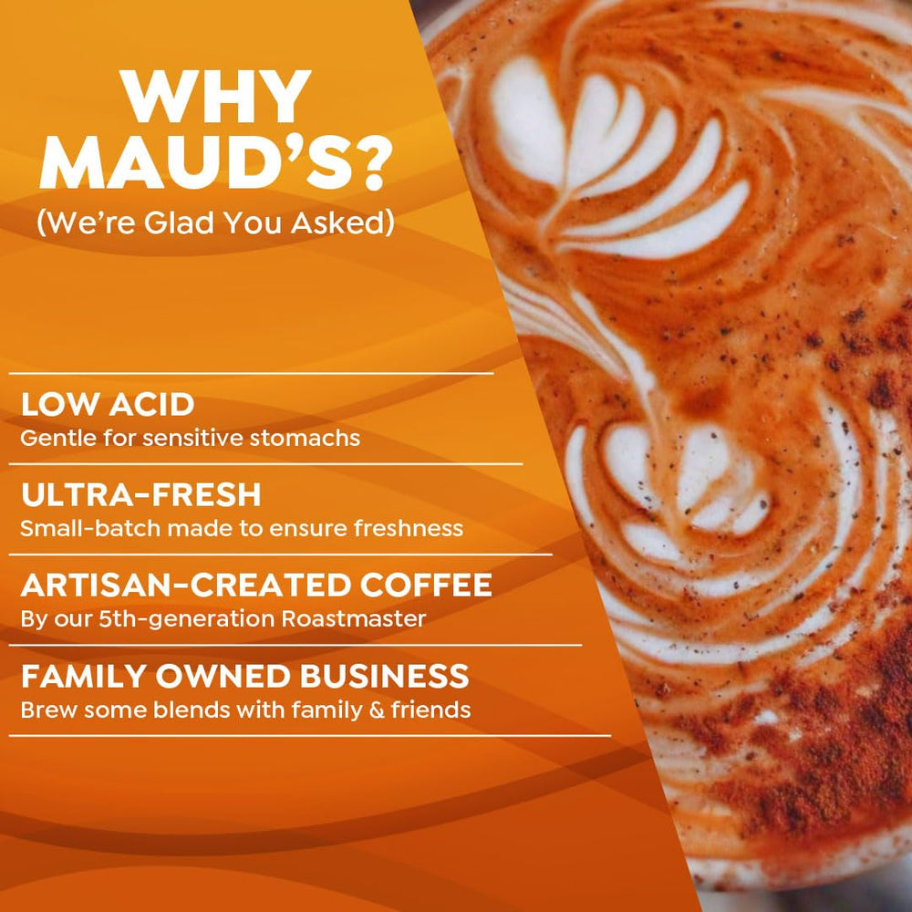 Box of Maud's beans highlighting sustainable sourcing and 100% Arabica