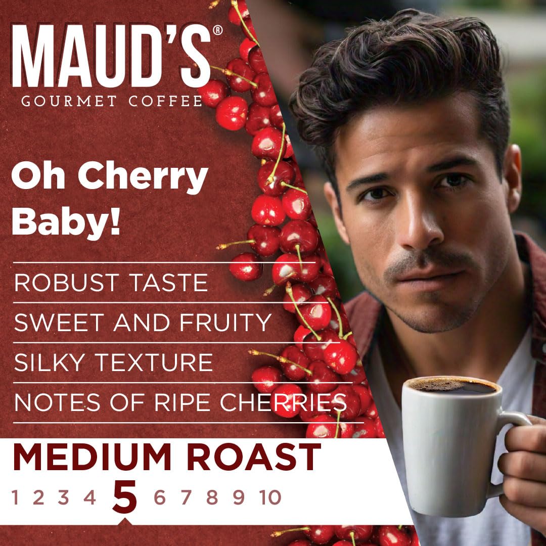 Maud's Arabica beans close-up signals premium, smooth brews.