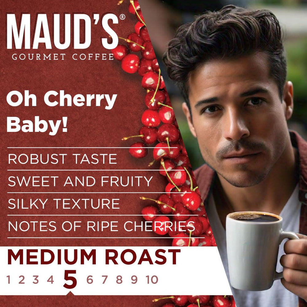 Maud's Arabica beans close-up signals premium, smooth brews.