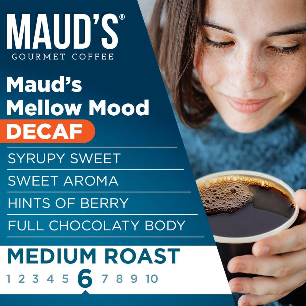 Maud's Arabica decaf pod close-up highlighting high-quality beans and aroma.
