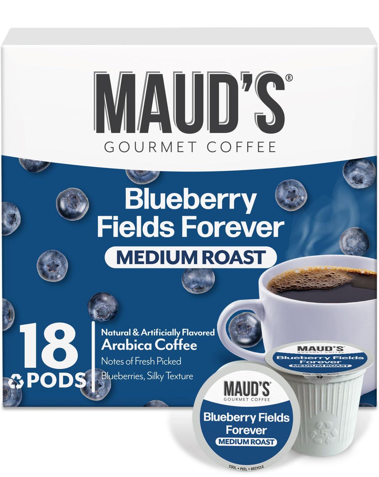 Maud's blueberry-flavored-coffee-pods-pack image highlights convenience for quick, flavorful mornings.