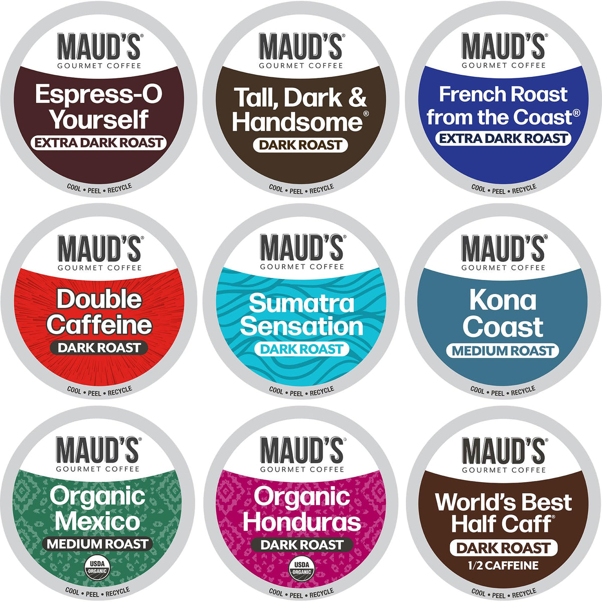 Maud's Bold Dark Roast Variety Pack box showcases 9 flavors for a flexible morning ritual.