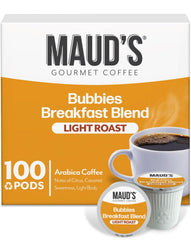 Maud's Breakfast Blend pods beside a steaming cup for a bright morning brew
