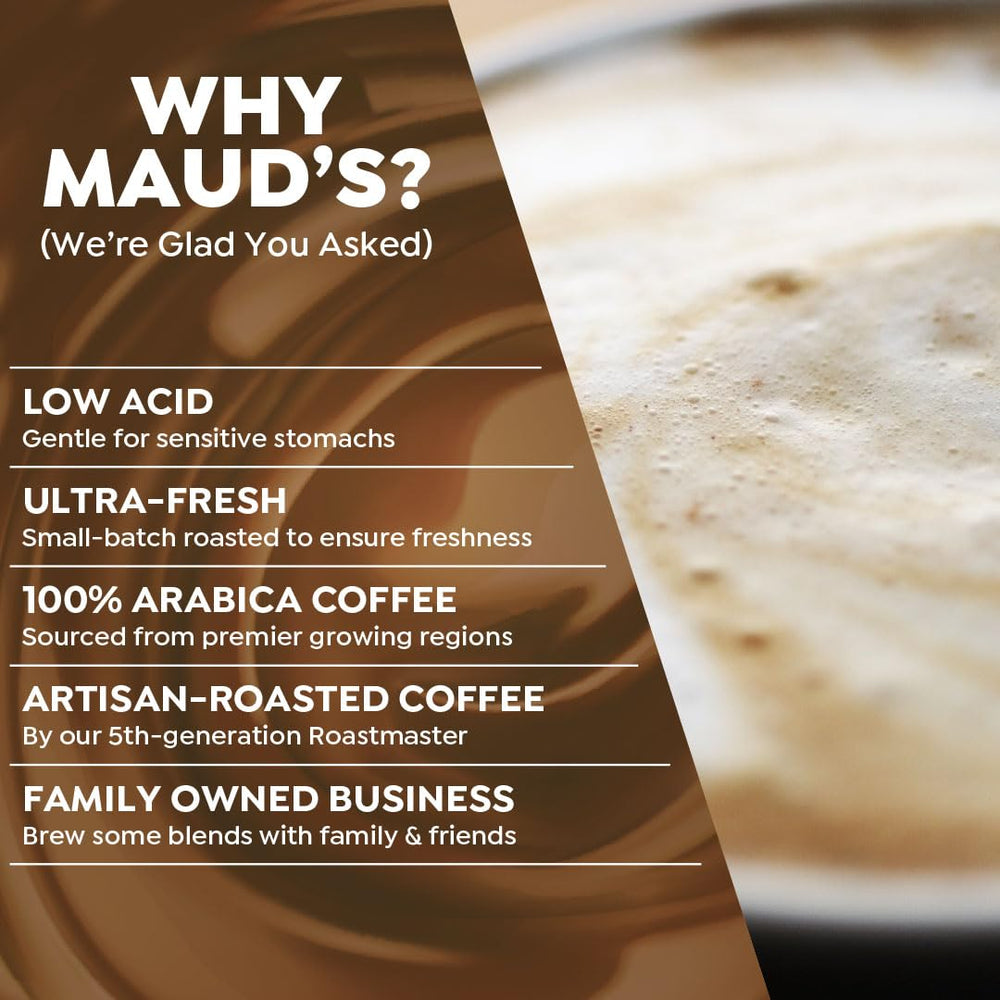 Maud's California-roasted solar-powered beans highlight eco-friendly production.