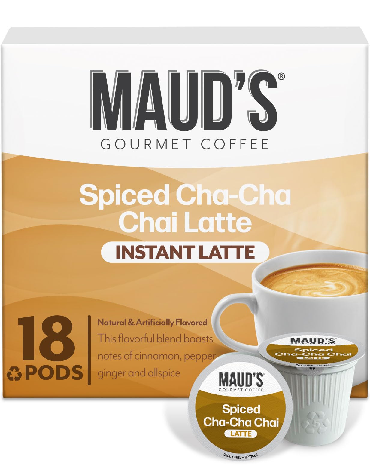 Maud's chai tea latte pods beside the box for home cafe quality