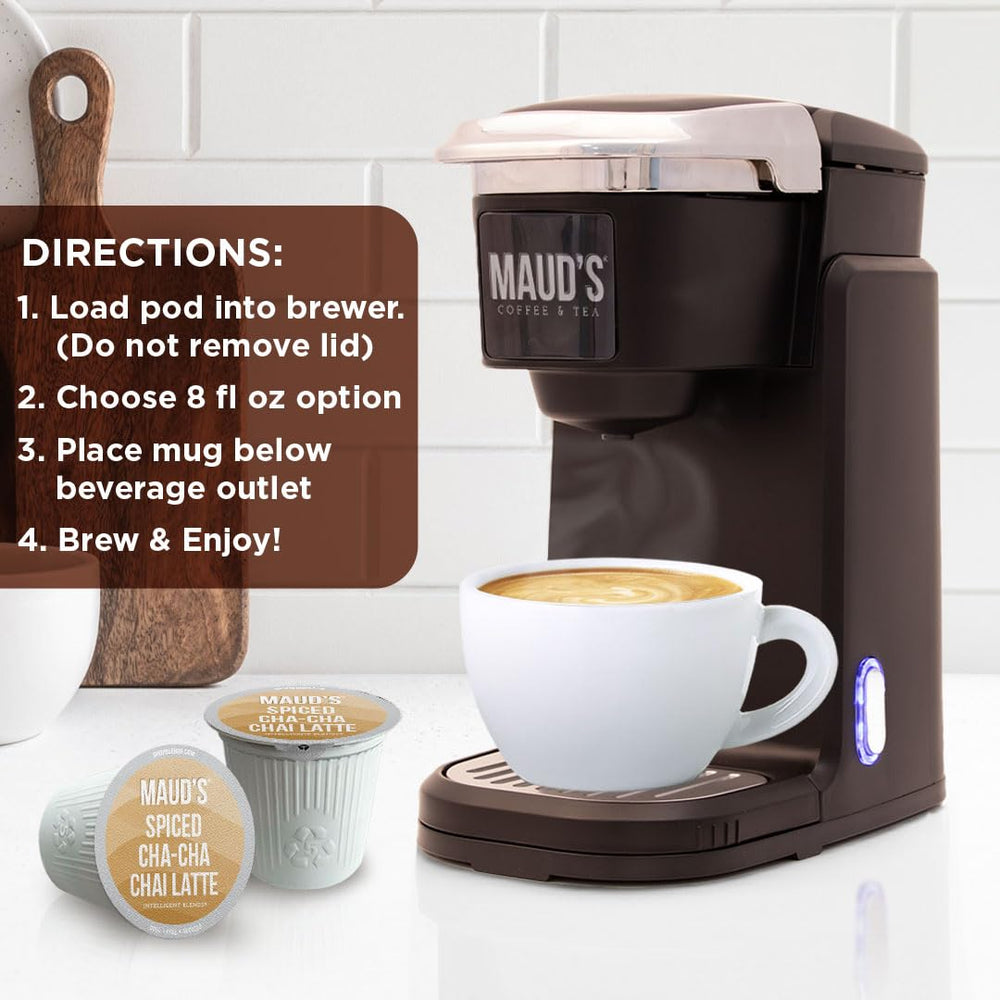 Clearly labeled ingredients and packaging for MAUD'S chai tea latte pods.