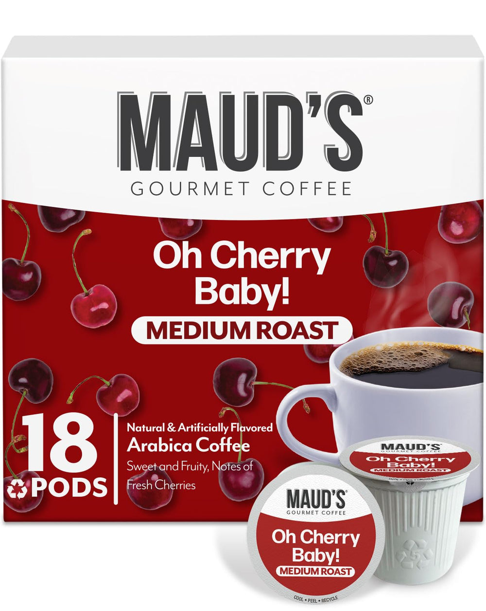Maud's cherry coffee pods in an 18-count pack offer easy mornings.