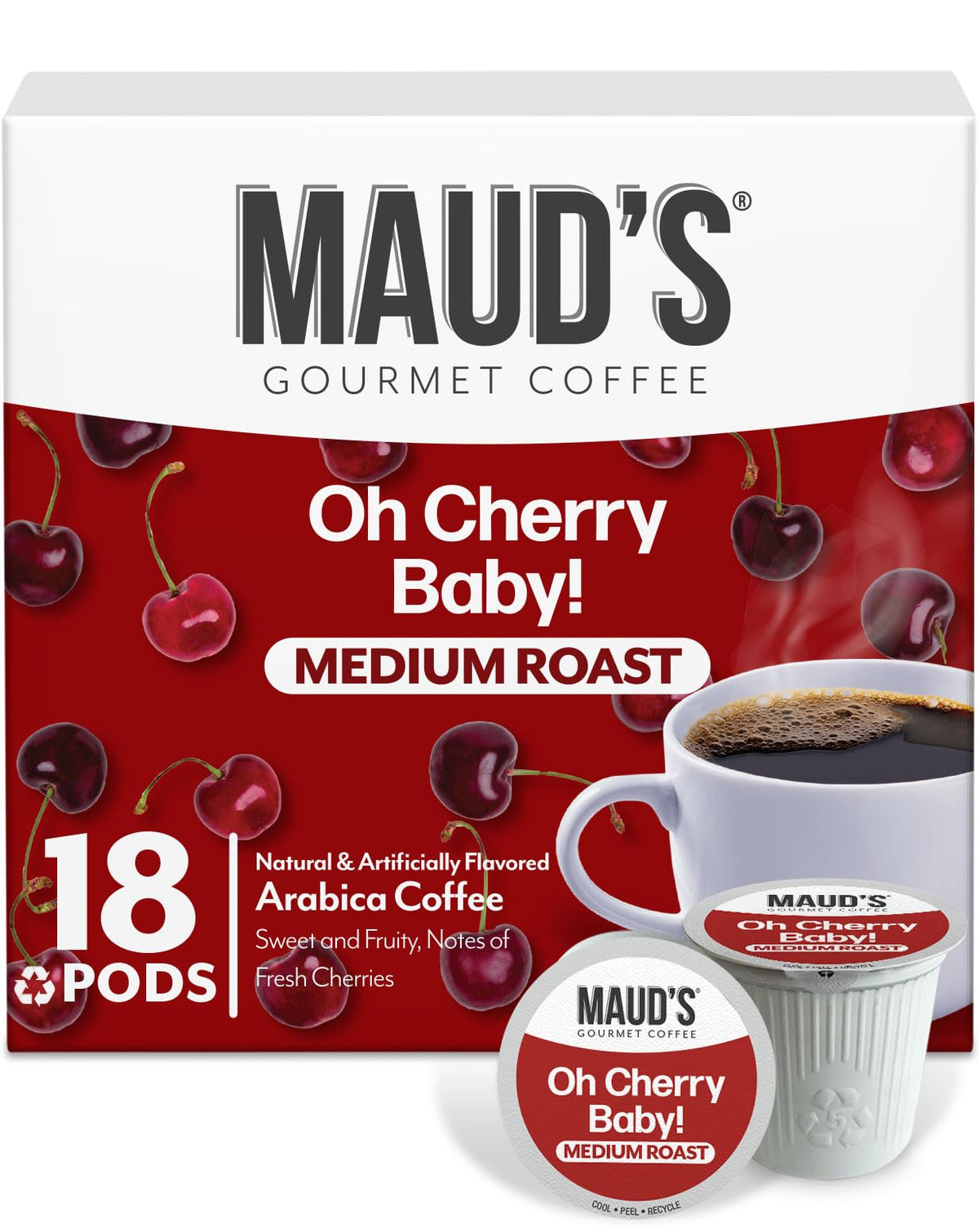 Maud's cherry coffee pods in an 18-count pack offer easy mornings.