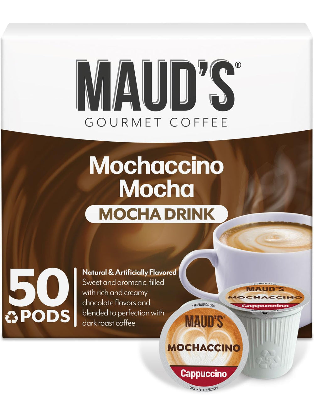 Maud's Mochaccino Pods pack; convenient single-serve coffee for busy mornings.