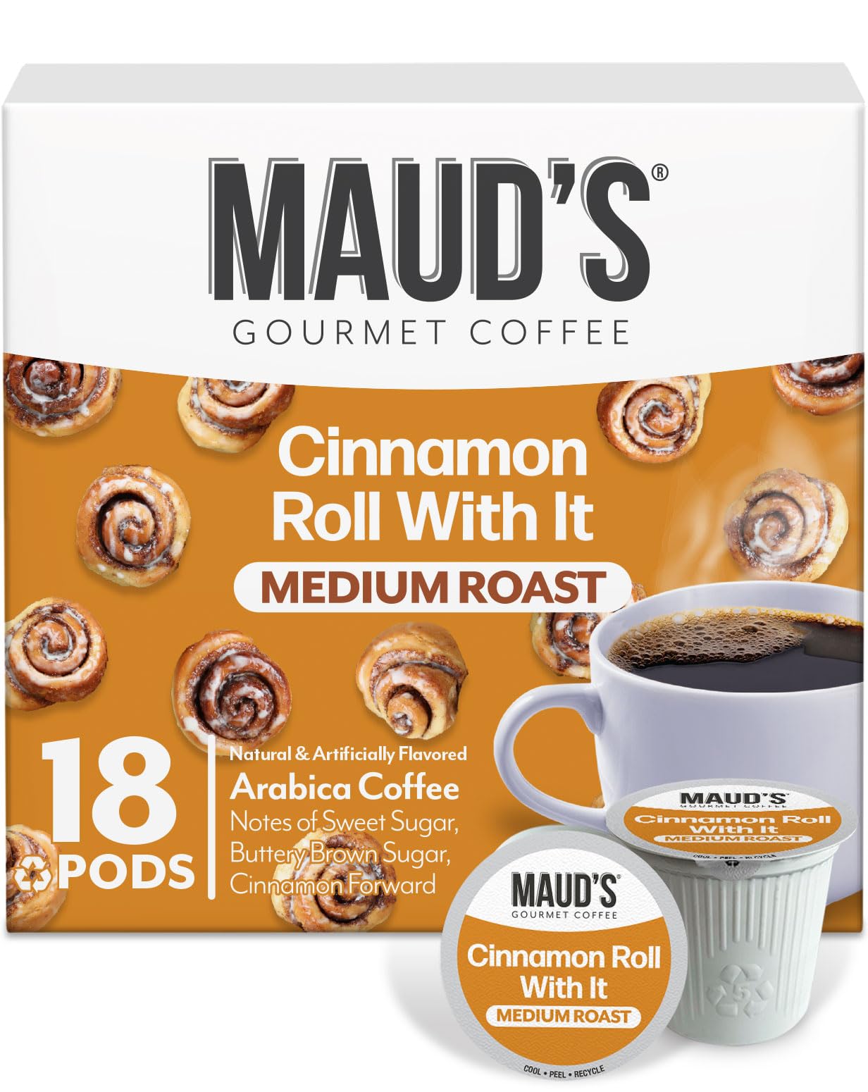 Maud's Cinnamon Roll pods packaging front highlighting premium, convenient single-serve flavor