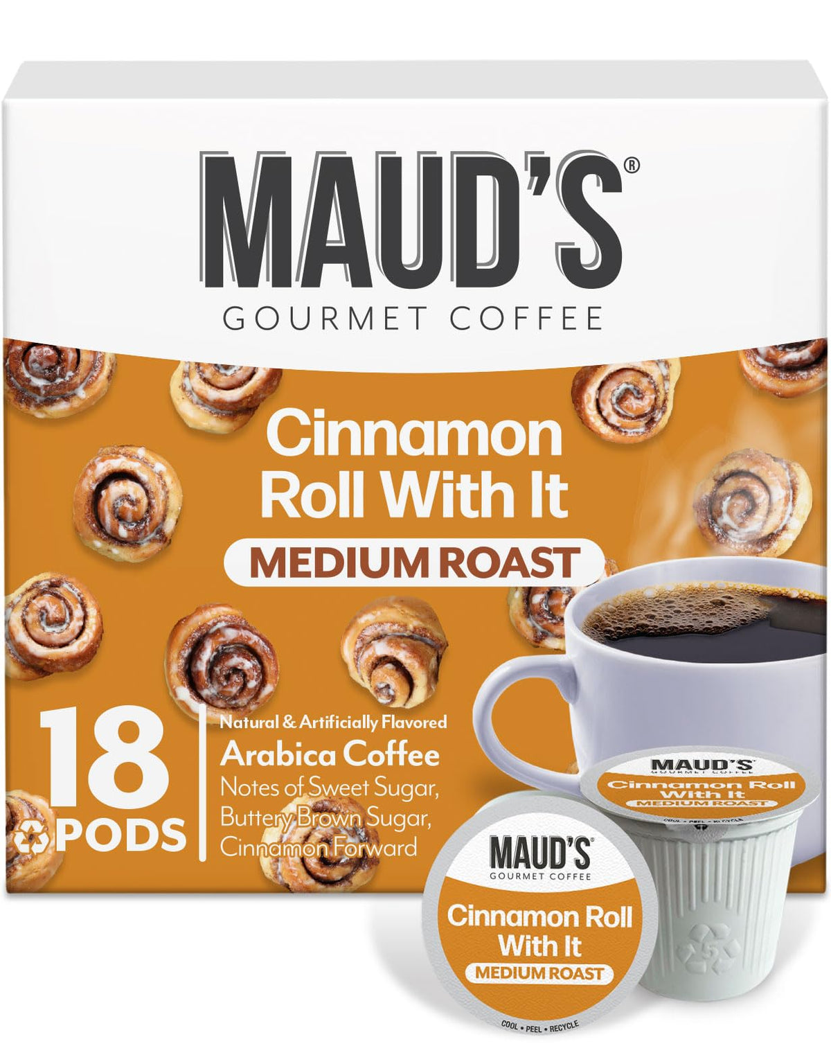 Maud's Cinnamon Roll pods packaging front highlighting premium, convenient single-serve flavor