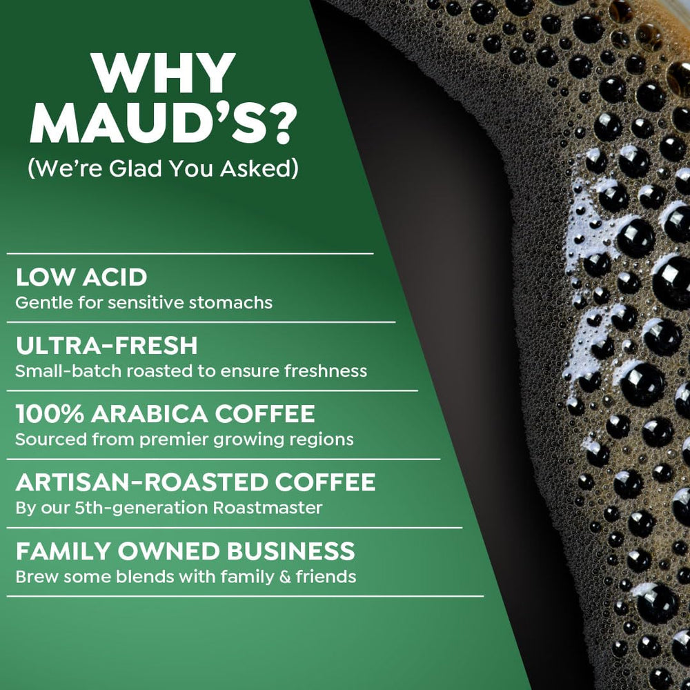 Maud's coffee beans close-up highlights ethically sourced 100% Arabica aroma.