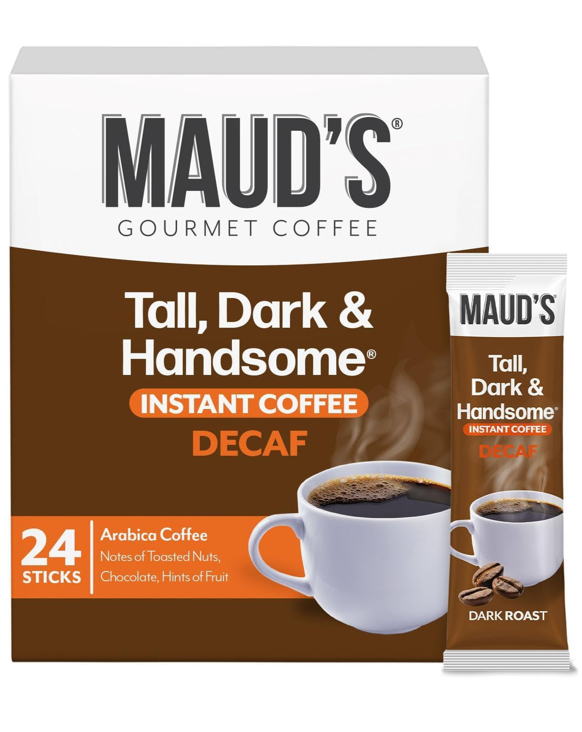 Maud's Dark Roast Decaf Instant Coffee packets deliver quick, rich flavor for convenient daily use.