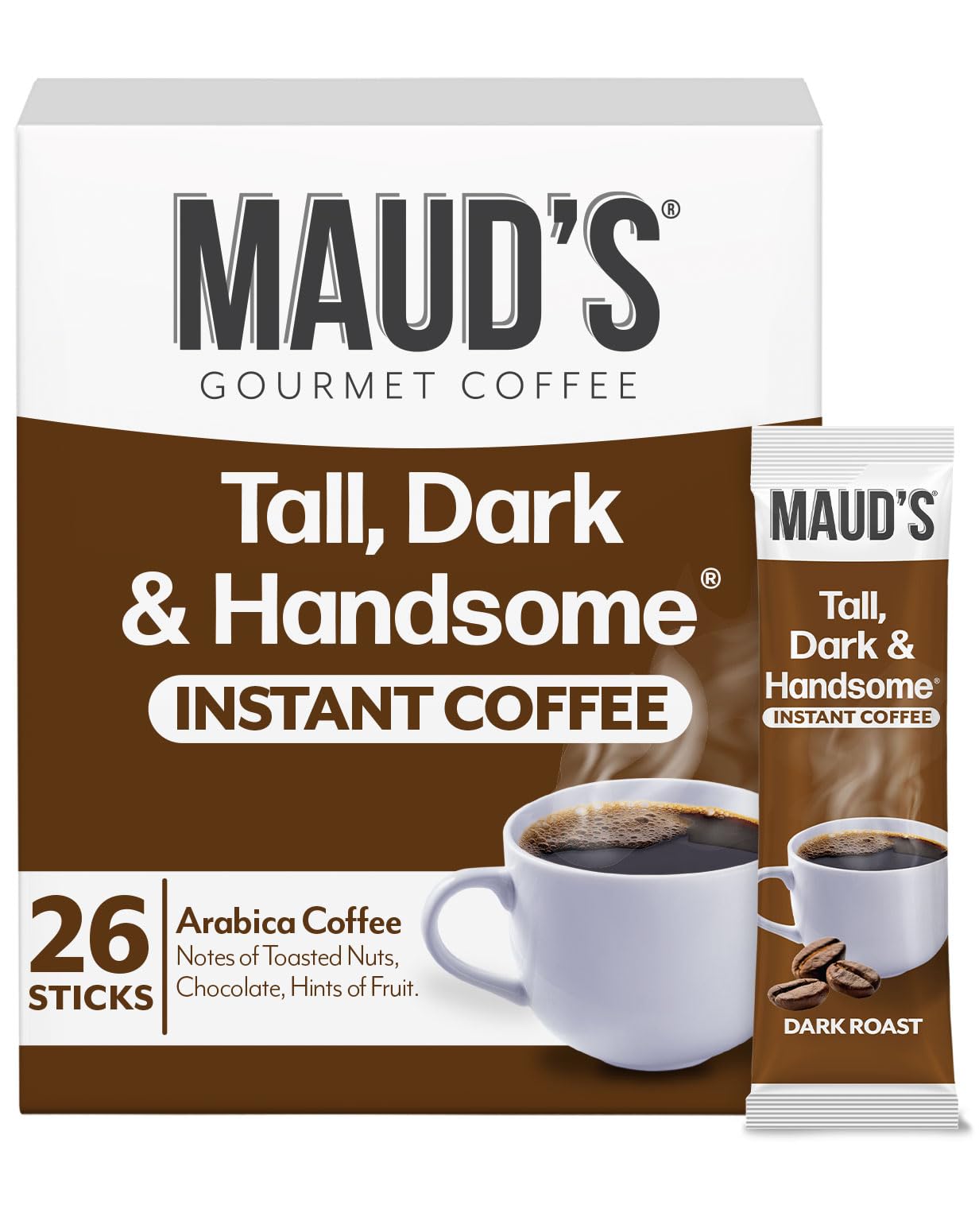 Maud's Dark Roast Instant Coffee pack releasing rich aroma for quick mornings.
